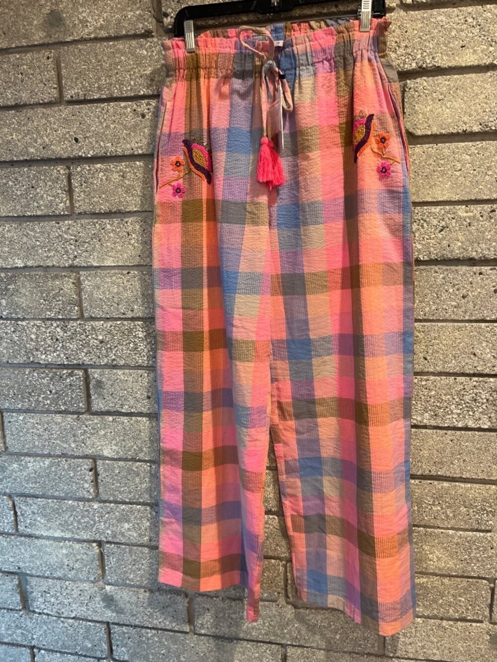Multicolor Checkered Pants With Embroidered Floral Design Neon Pink Tassel Tie W